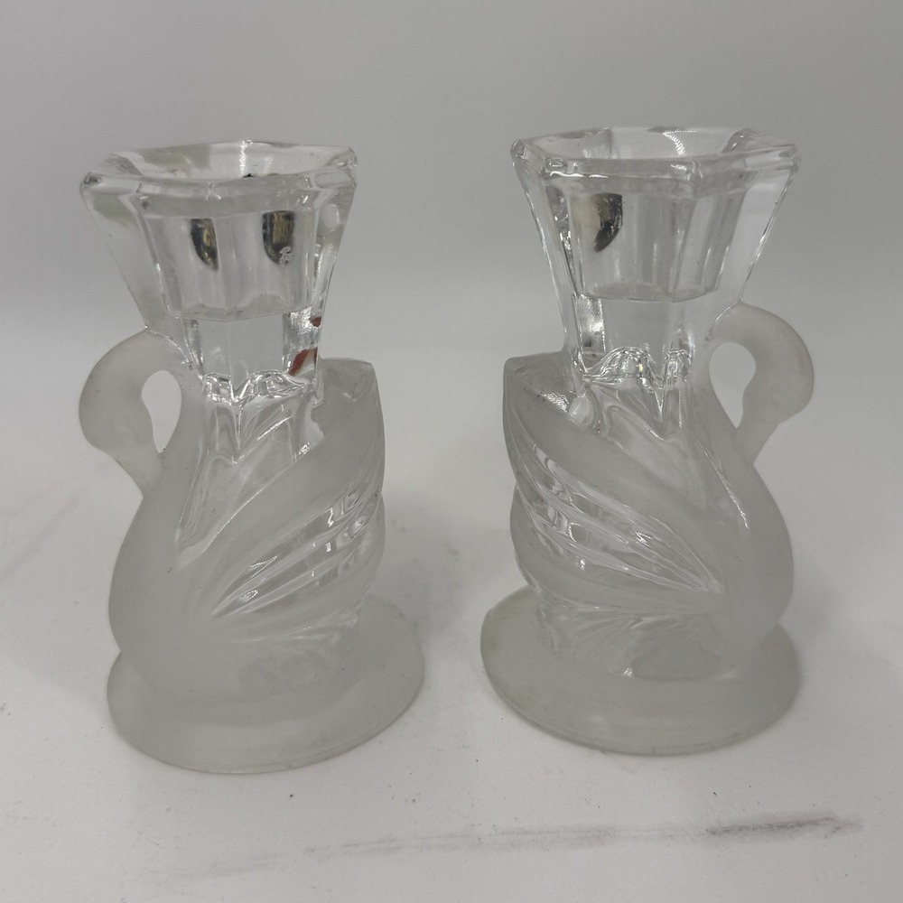 Pair Vtg Crystal Frosted Glass Swan Clear Candle Holders